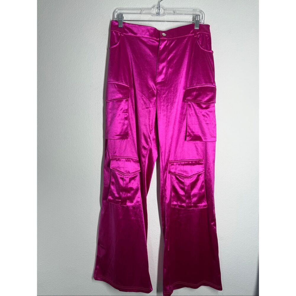 Boutique Brand Hot Pink Satin Cargo Pants Wide Leg Statement Trousers Sz XL - Picture 2 of 15